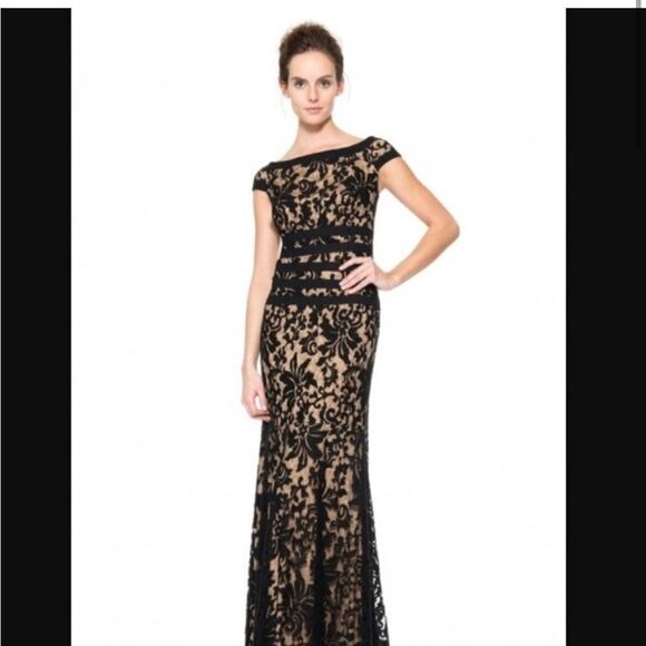 Tadashi Shoji Mesh Floral Lace Mermaid Gown Size 6 Black Tan Maxi Boat Neck - Picture 1 of 6